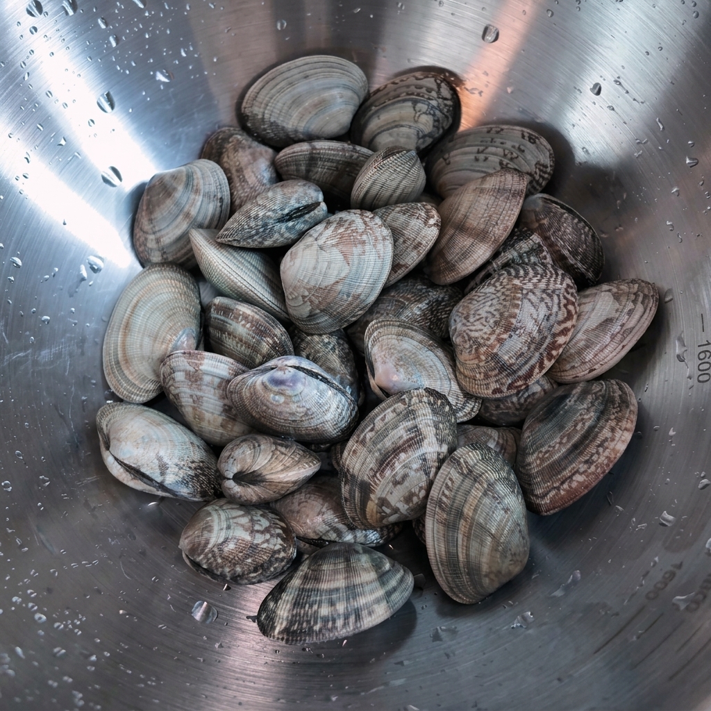 Un tazón de acero inoxidable lleno de almejas frescas con gotas de agua.