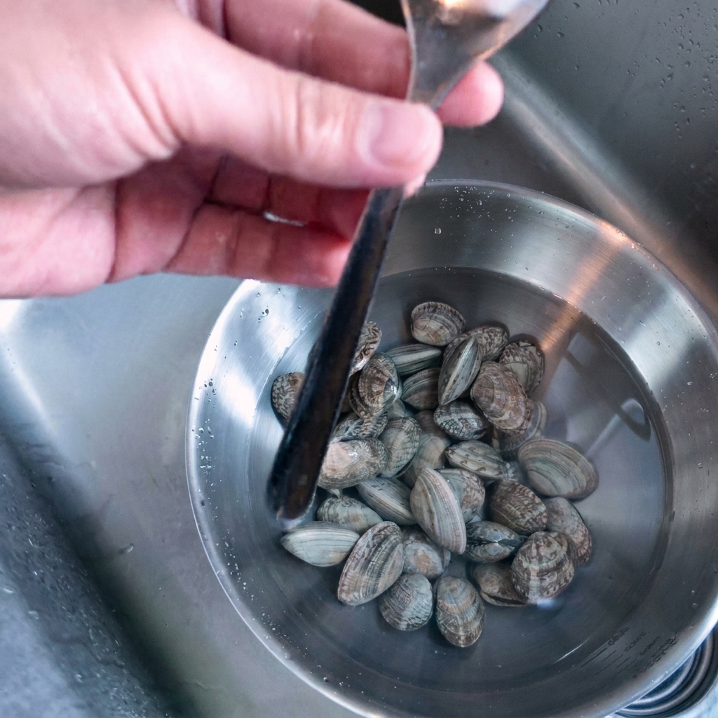 Una mano sosteniendo una cuchara de metal sobre un tazón de almejas en remojo.