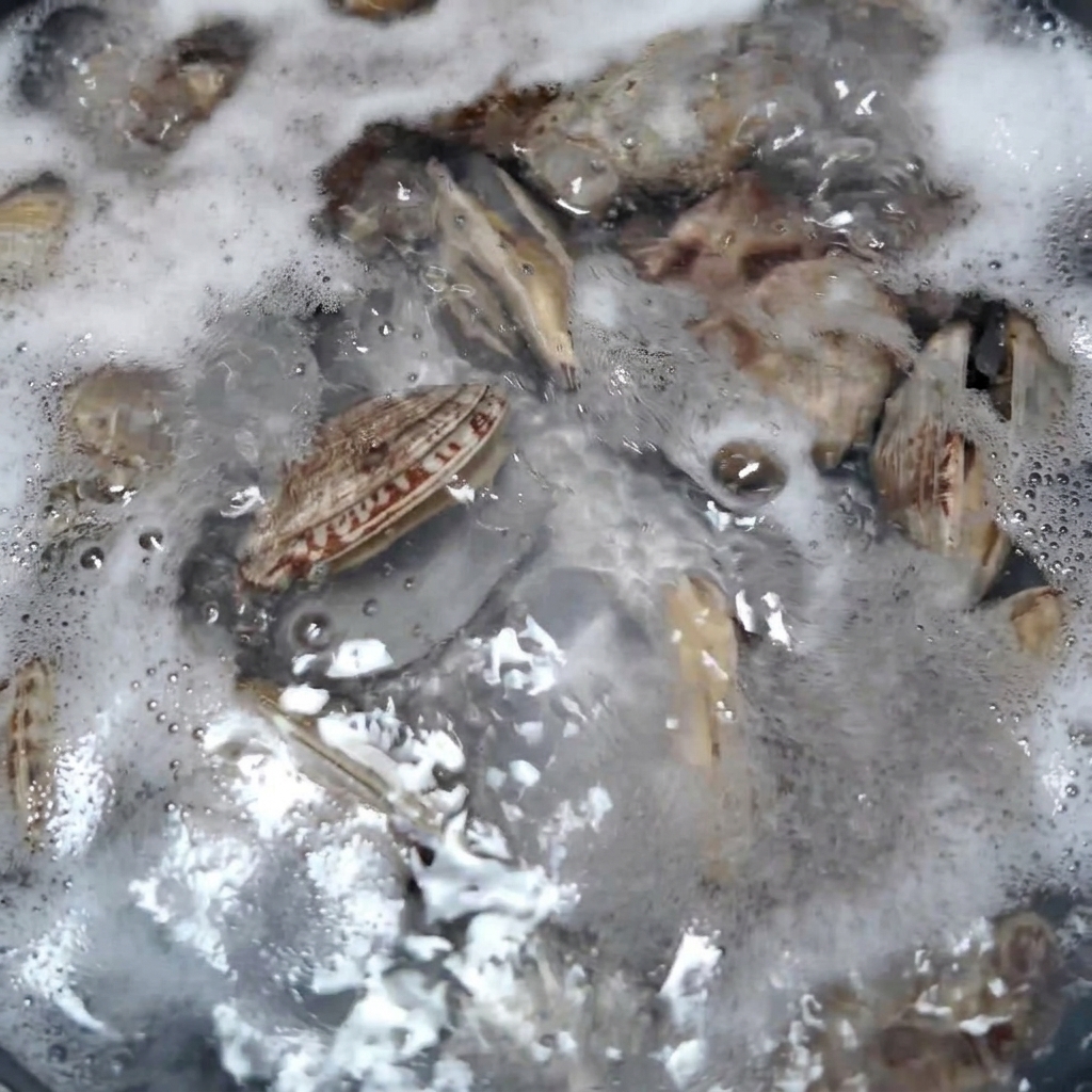 Almejas cocidas siendo levantadas del agua hirviendo con un colador de malla de acero inoxidable.