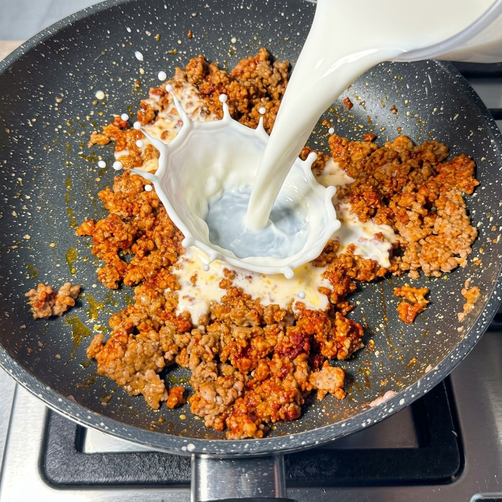 Leche siendo vertida desde una taza medidora a la mezcla de carne.