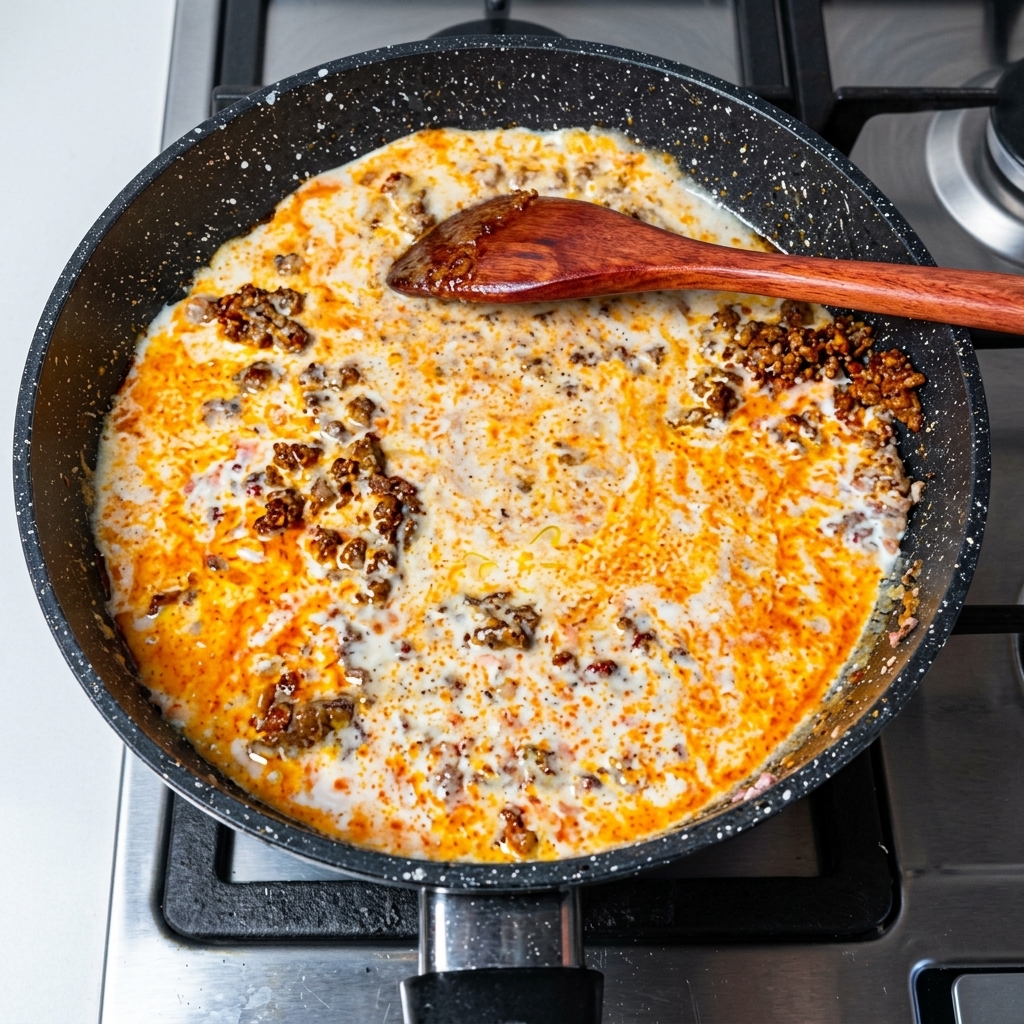 Una sartén en la estufa con la mezcla de salsa preparada.