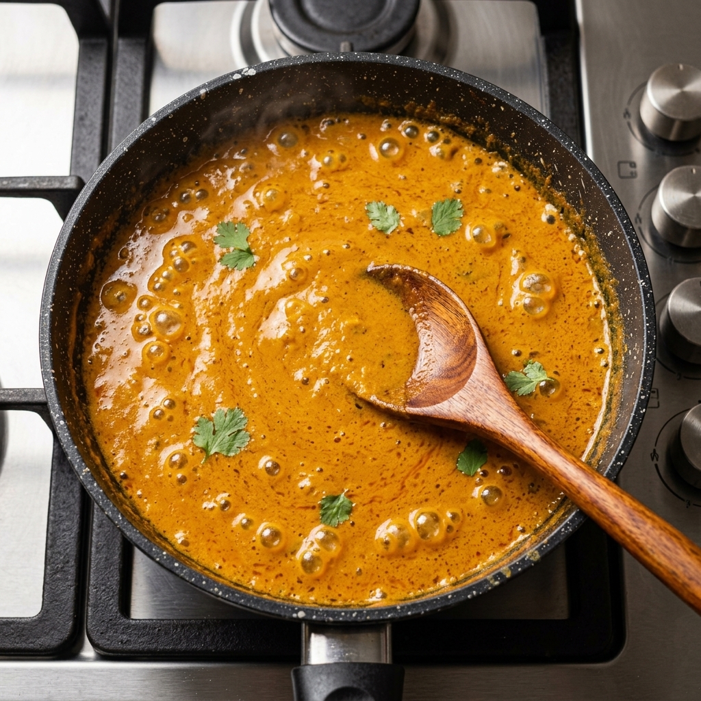 Salsa de shacha con carne de color naranja espesa burbujeando en una sartén.