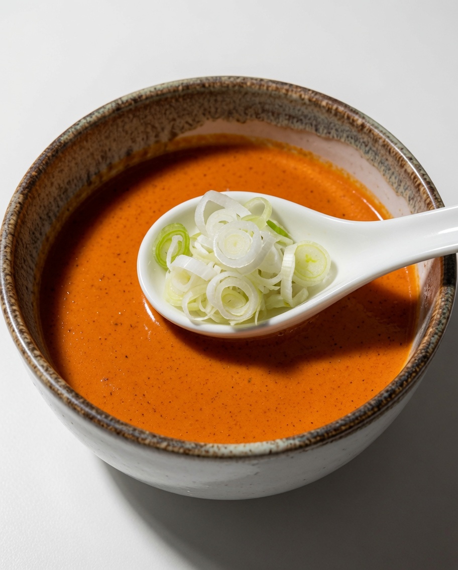 Cebollino verde picado siendo añadido a la salsa naranja.
