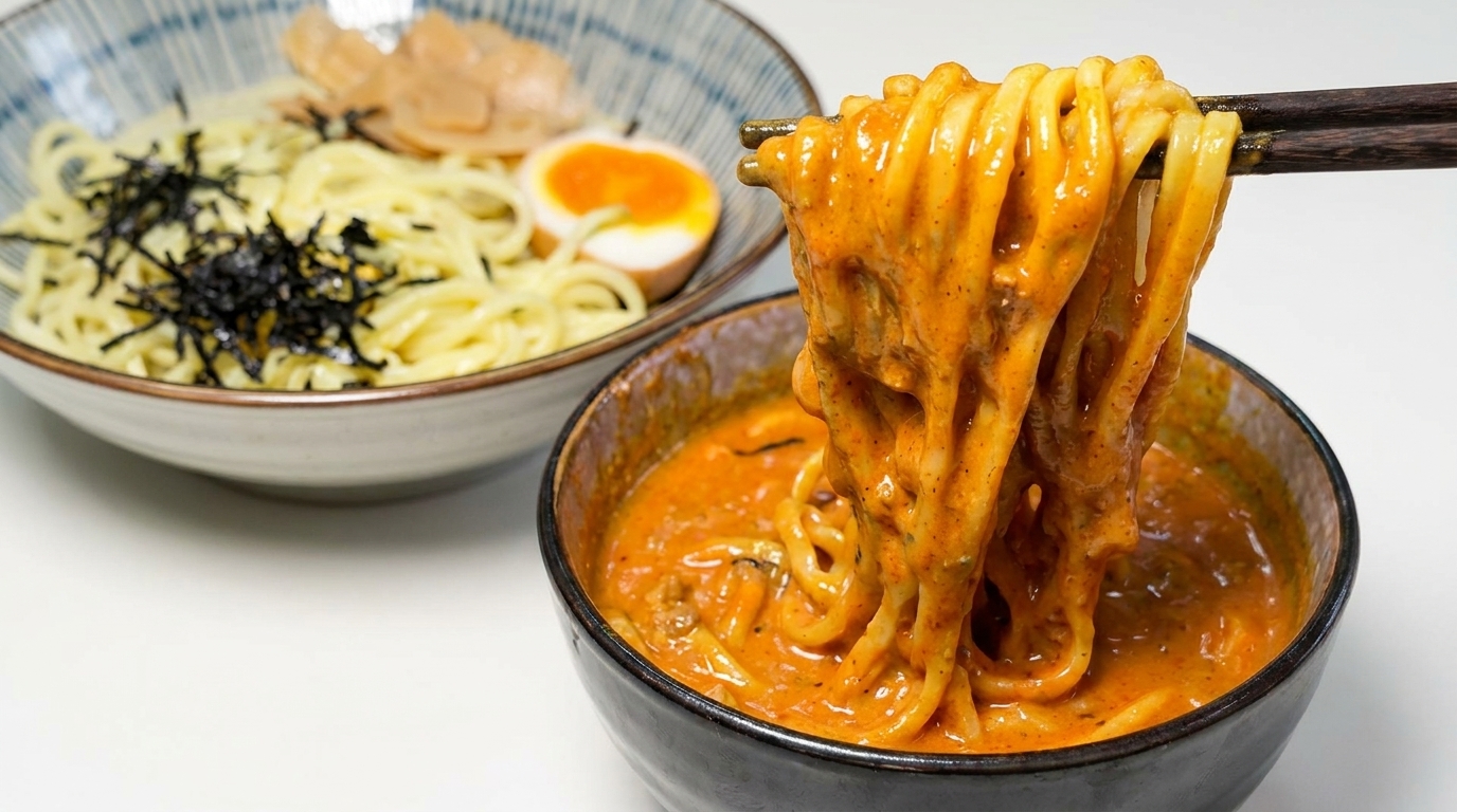 Fideos gruesos y masticables junto a una vibrante y cremosa salsa de curry shacha, servidos con huevo pasado por agua, alga y brotes de bambú.