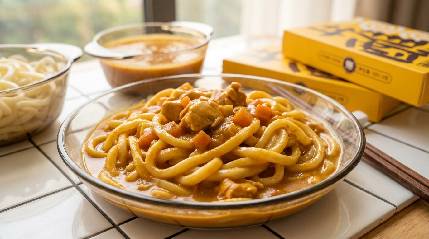 Fideos Rápidos para Mojar con Curry de Pollo y Queso