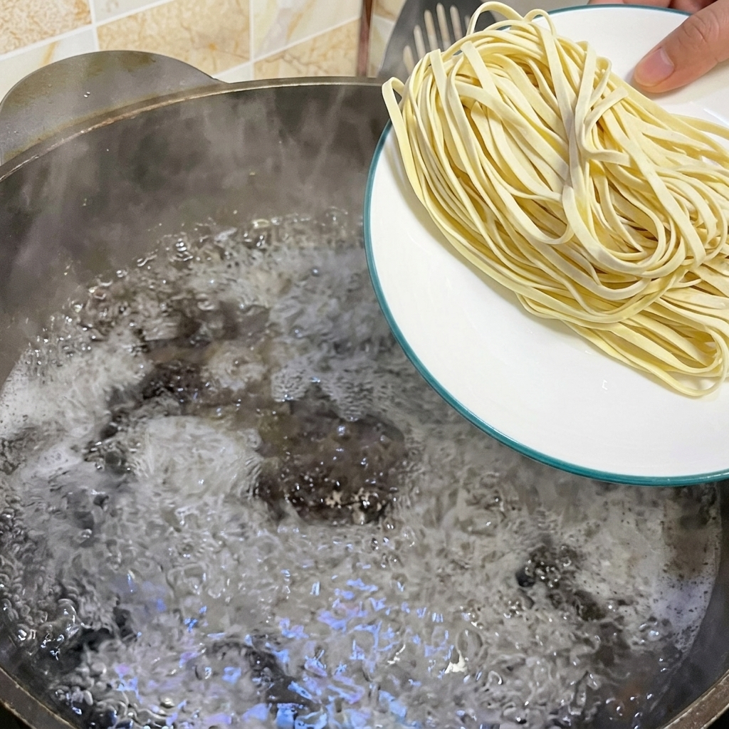 Una mano sosteniendo un plato blanco y deslizando fideos crudos y planos en una olla grande con agua hirviendo.