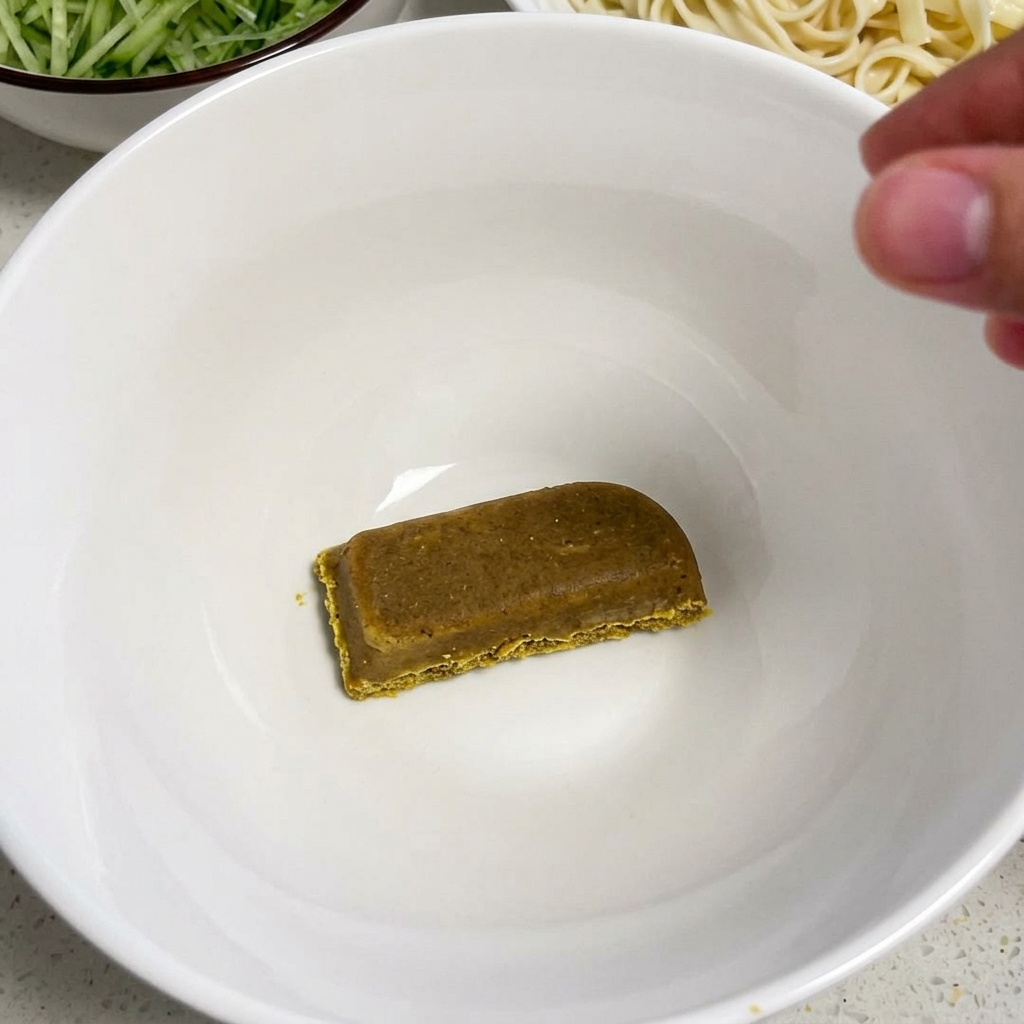 Un bloque rectangular de sazonador de curry en el fondo de un tazón de cerámica blanca vacío.