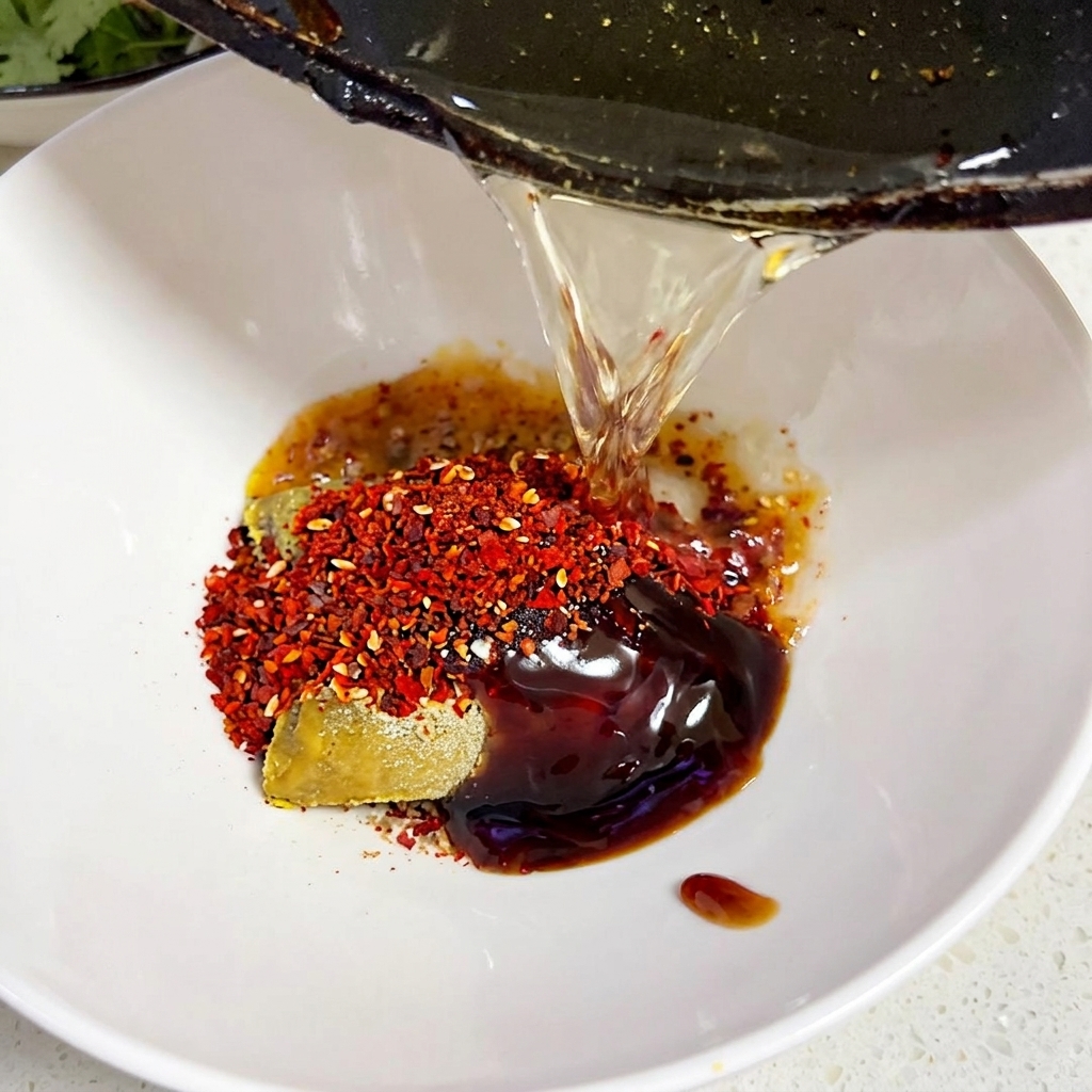 Aceite caliente vertiéndose desde una sartén oscura sobre un montículo de hojuelas de chile rojo y un bloque de curry dentro de un tazón blanco.