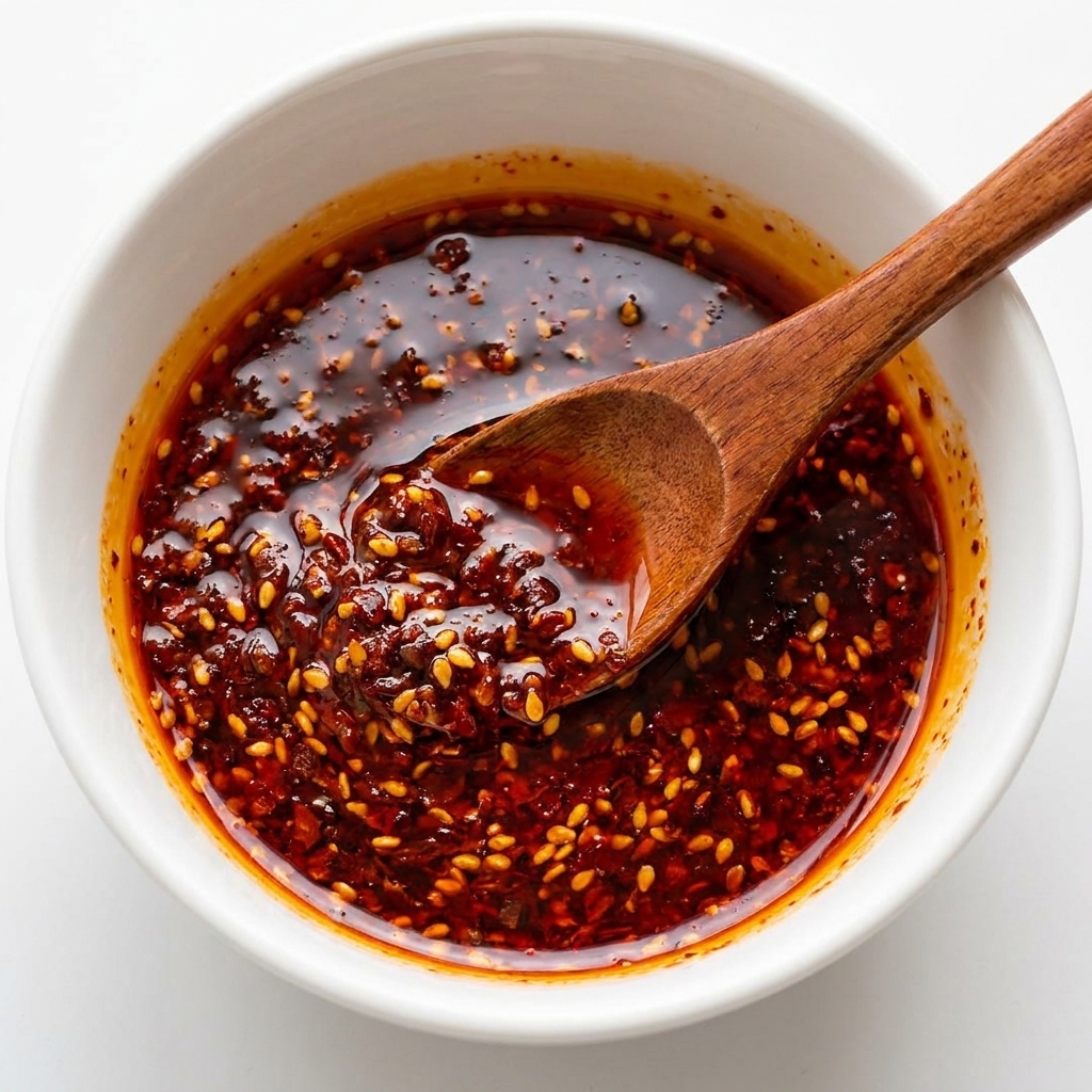 Una salsa de curry y chile rojo oscuro y brillante mezclada con semillas de sésamo en un tazón blanco, con una cuchara de madera dentro.