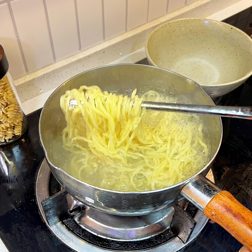 Fideos ramen recién cocidos siendo enjuagados bajo agua fría en un colador.