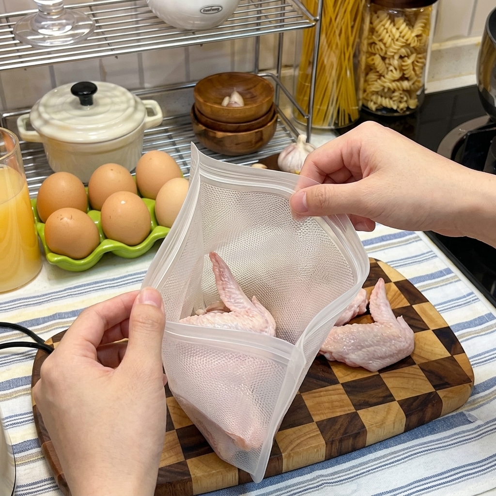 Alitas de pollo en una bolsa de plástico con salsa de soja, listas para marinar.