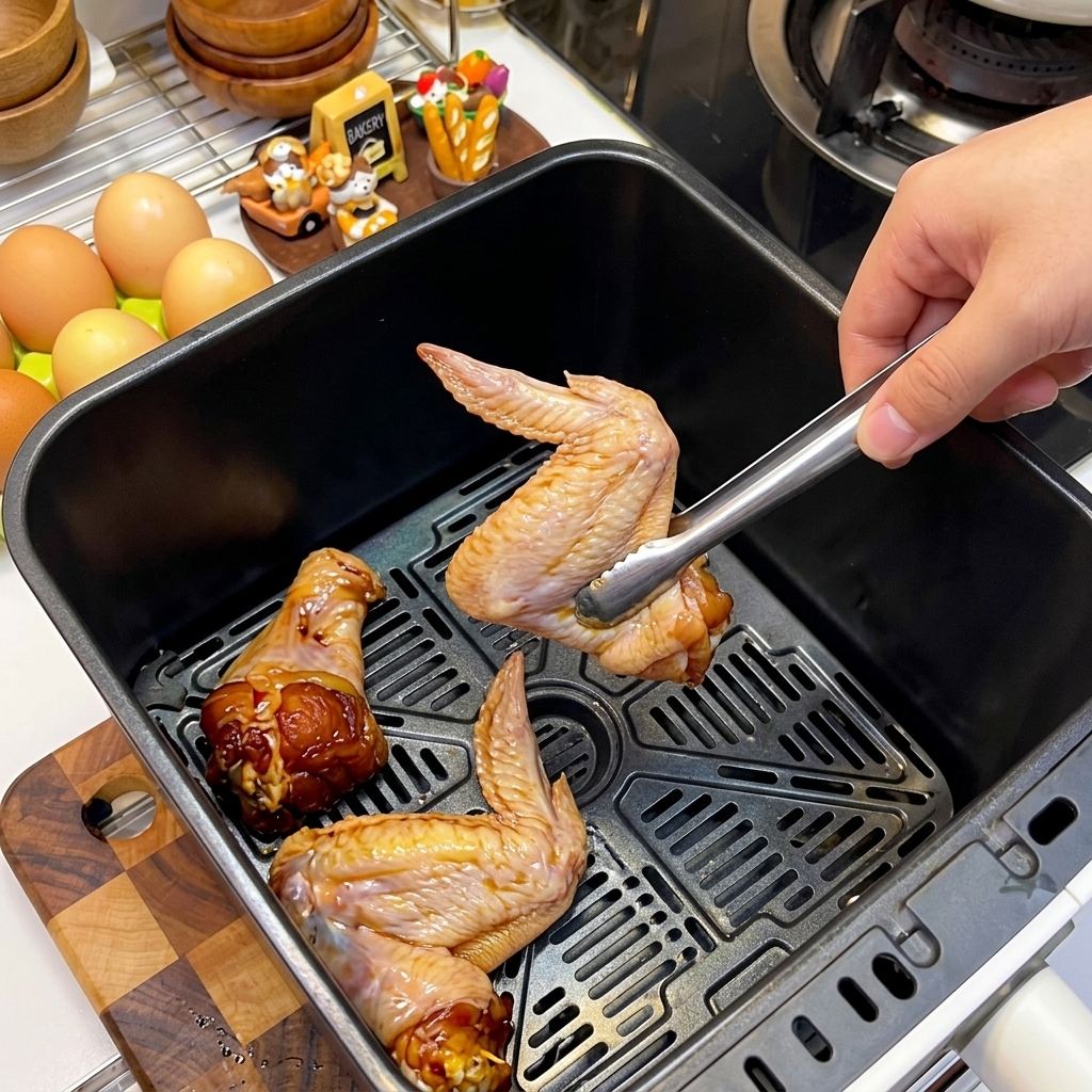 Alitas de pollo marinadas dispuestas en la cesta de la freidora, con la piel hacia abajo.