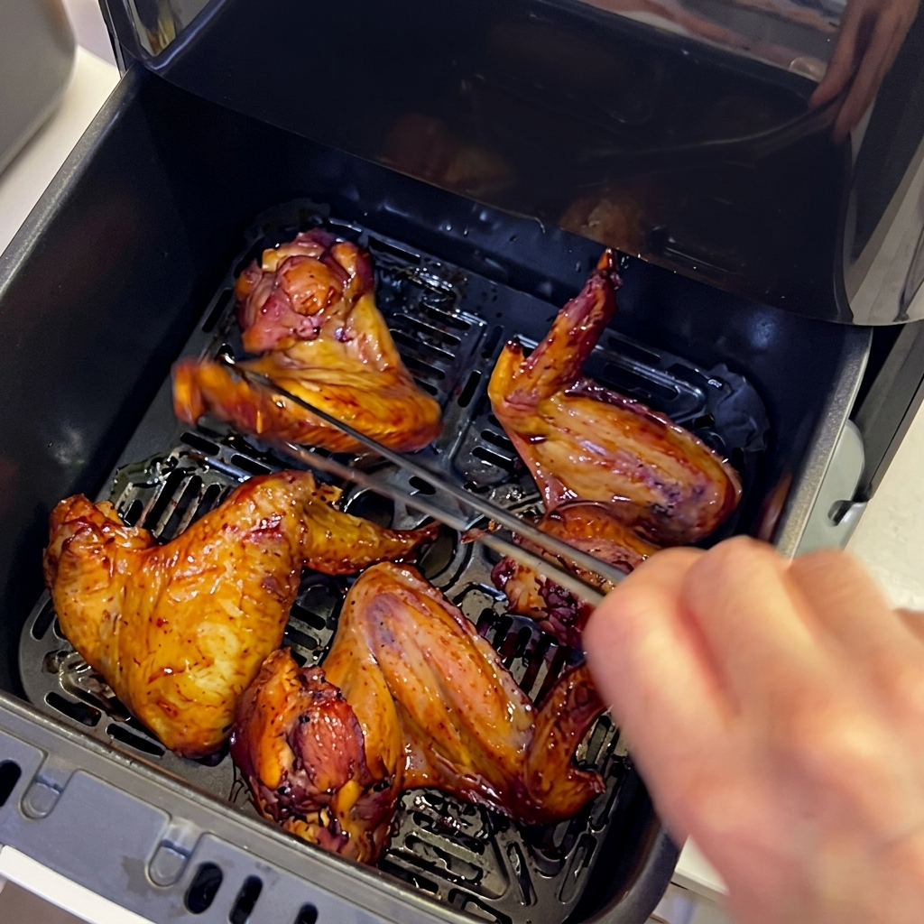 Alitas de pollo crujientes en la freidora de aire siendo volteadas con pinzas.