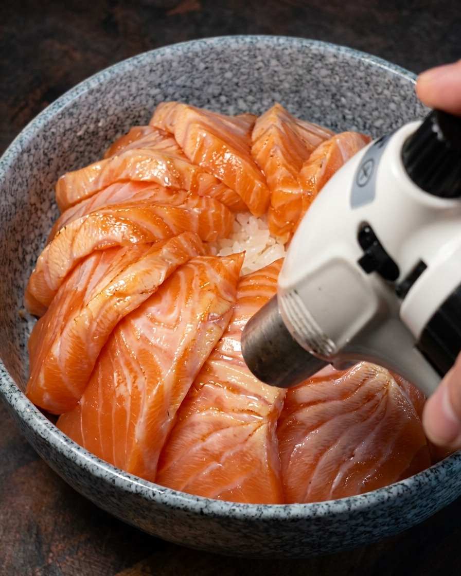 Un soplete de cocina sellando la capa superior de las láminas de salmón sobre el arroz.