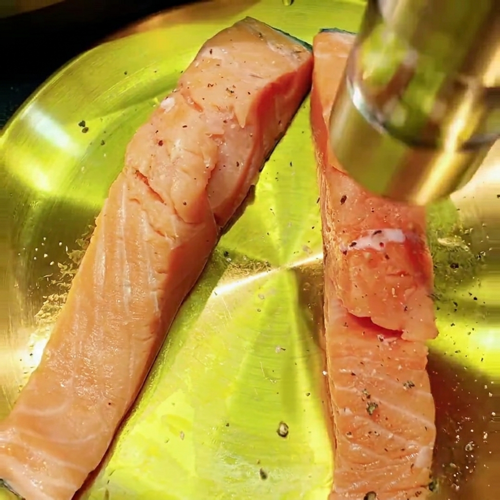 Dos filetes de salmón crudo en un plato amarillo siendo condimentados con un molinillo de pimienta negra.