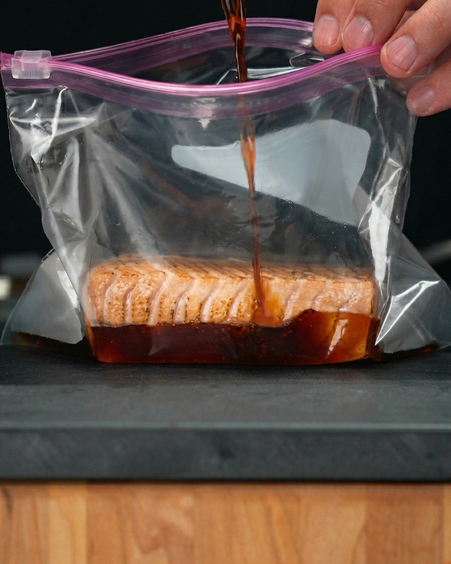 Filete de salmón sellado en una bolsa de plástico con salsa de soja siendo vertida sobre él.