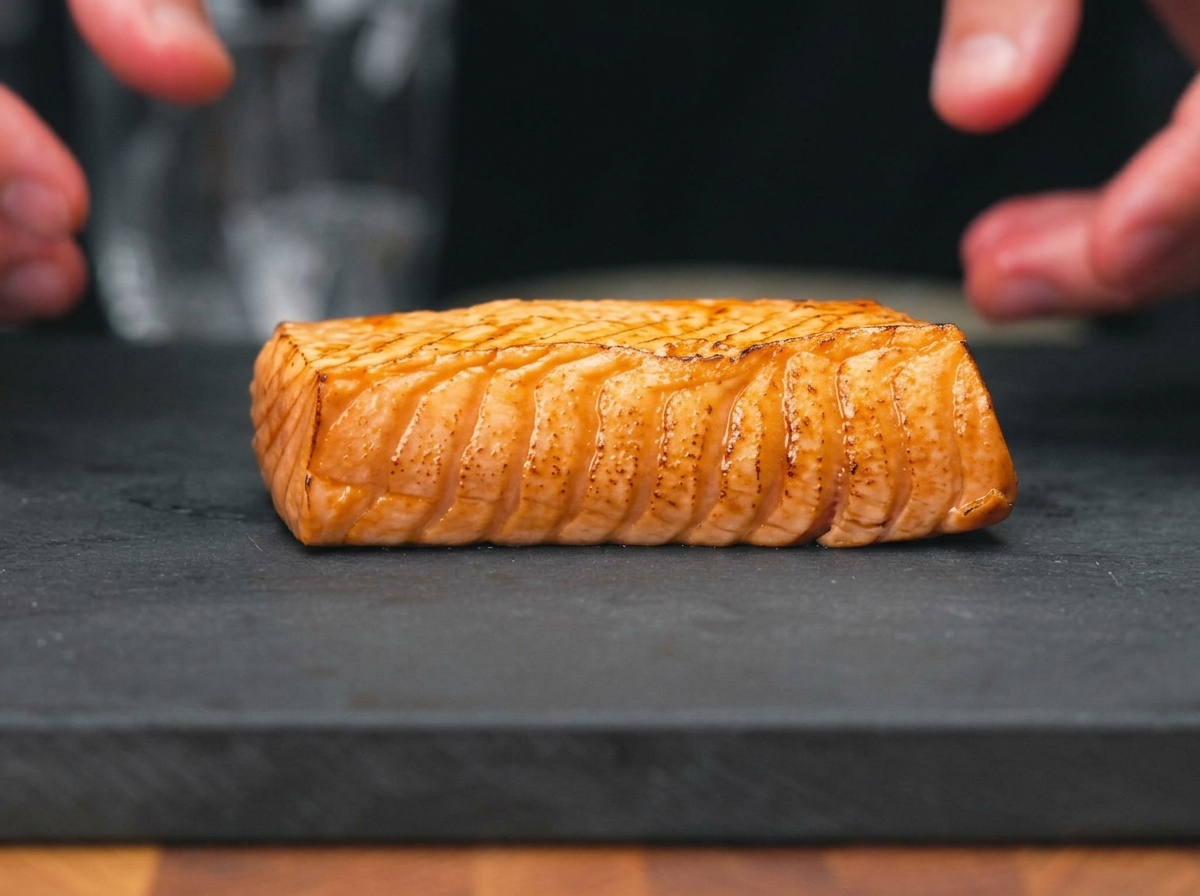 Un trozo de salmón sellado y marinado siendo cortado en láminas gruesas sobre una tabla.