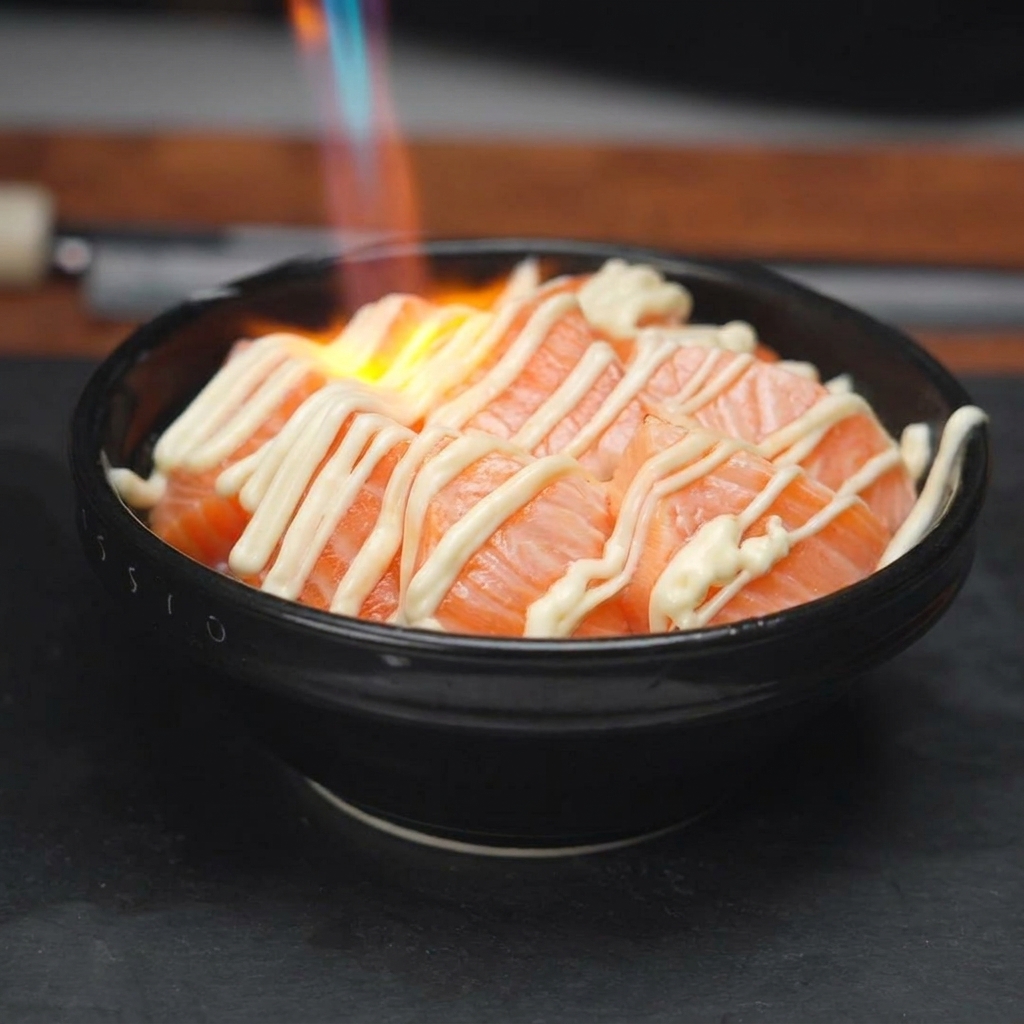 Llama de un soplete flameando la mayonesa sobre el tazón de arroz y salmón.