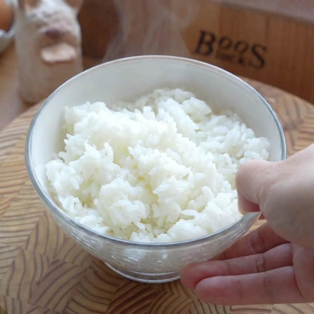 Un bol blanco lleno de arroz humeante cubierto con copos de algas sazonados.