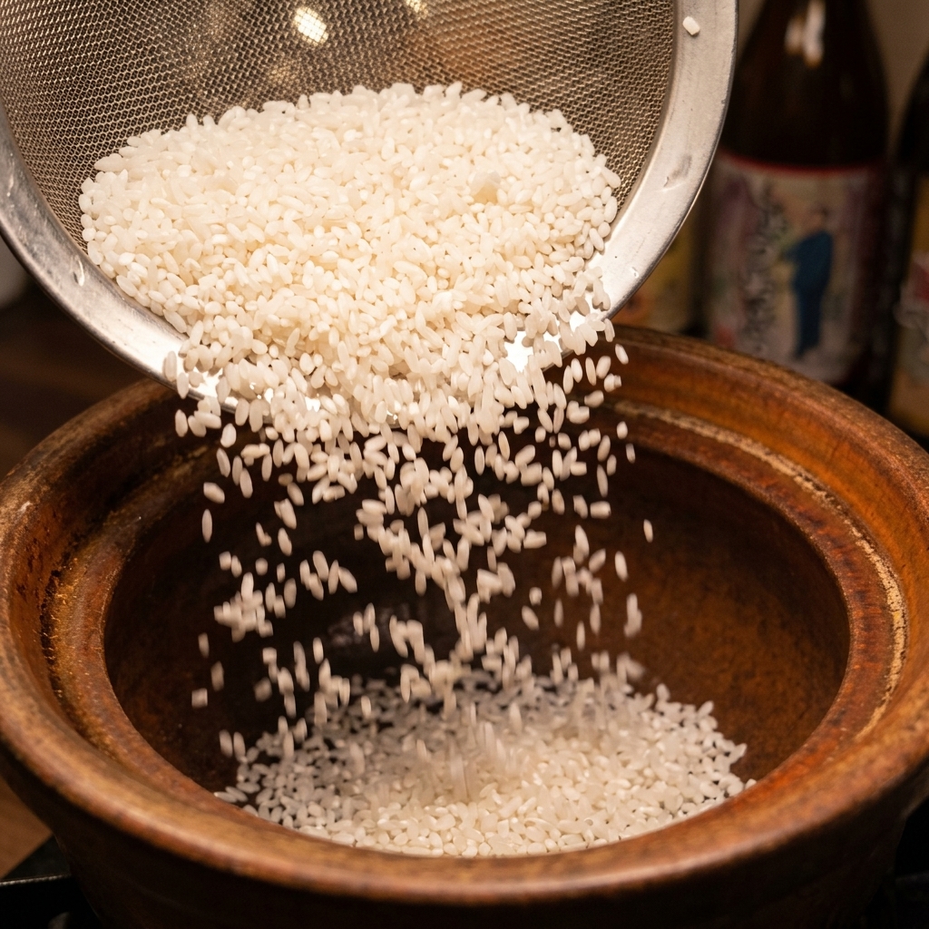 Arroz remojado vertido desde un colador de malla metálica en una olla de barro cerámica marrón.