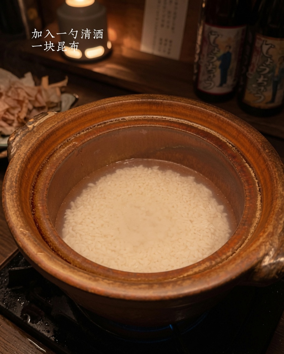 Un trozo cuadrado de kombu seco oscuro reposando sobre el arroz húmedo dentro de una olla de barro.