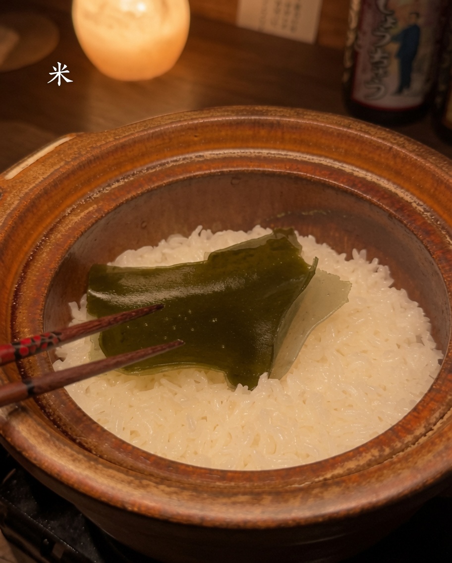 Palillos levantando un trozo de kombu cocido y ablandado de una olla de barro llena de arroz blanco.