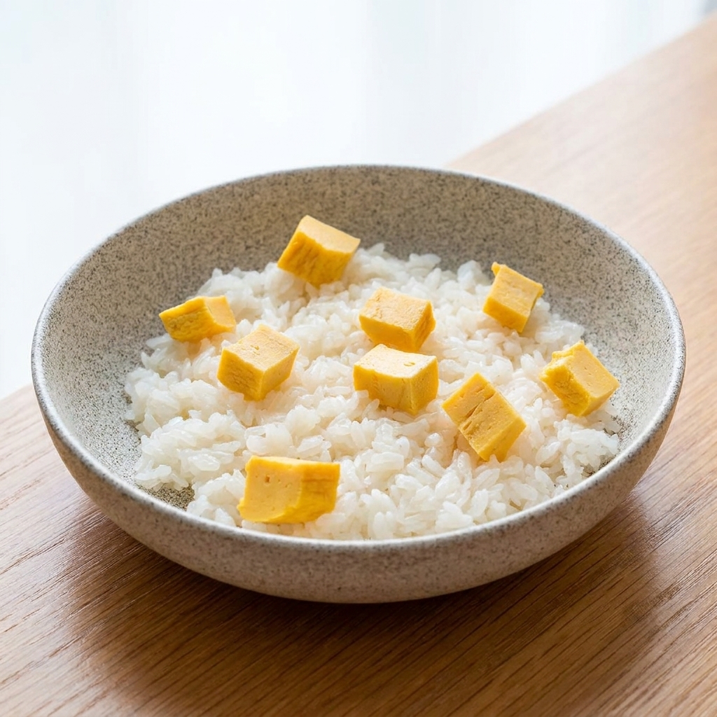 Un cuenco gris moteado lleno de arroz blanco, cubierto con cubos dispersos de tamagoyaki amarillo.