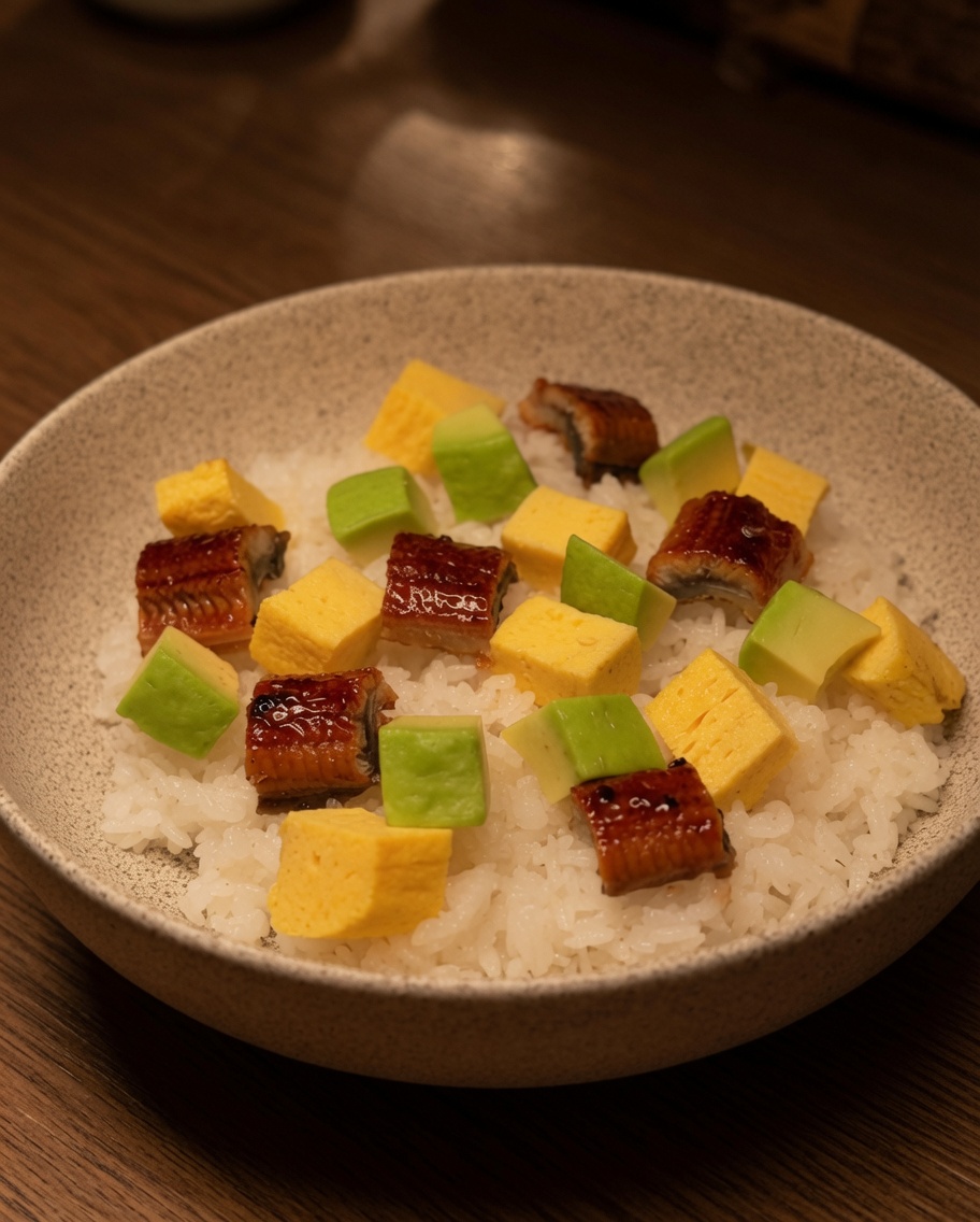 Un bol de arroz bellamente cubierto con cubos de tamagoyaki amarillo, trozos de aguacate verde y trozos de anguila a la parrilla glaseada.