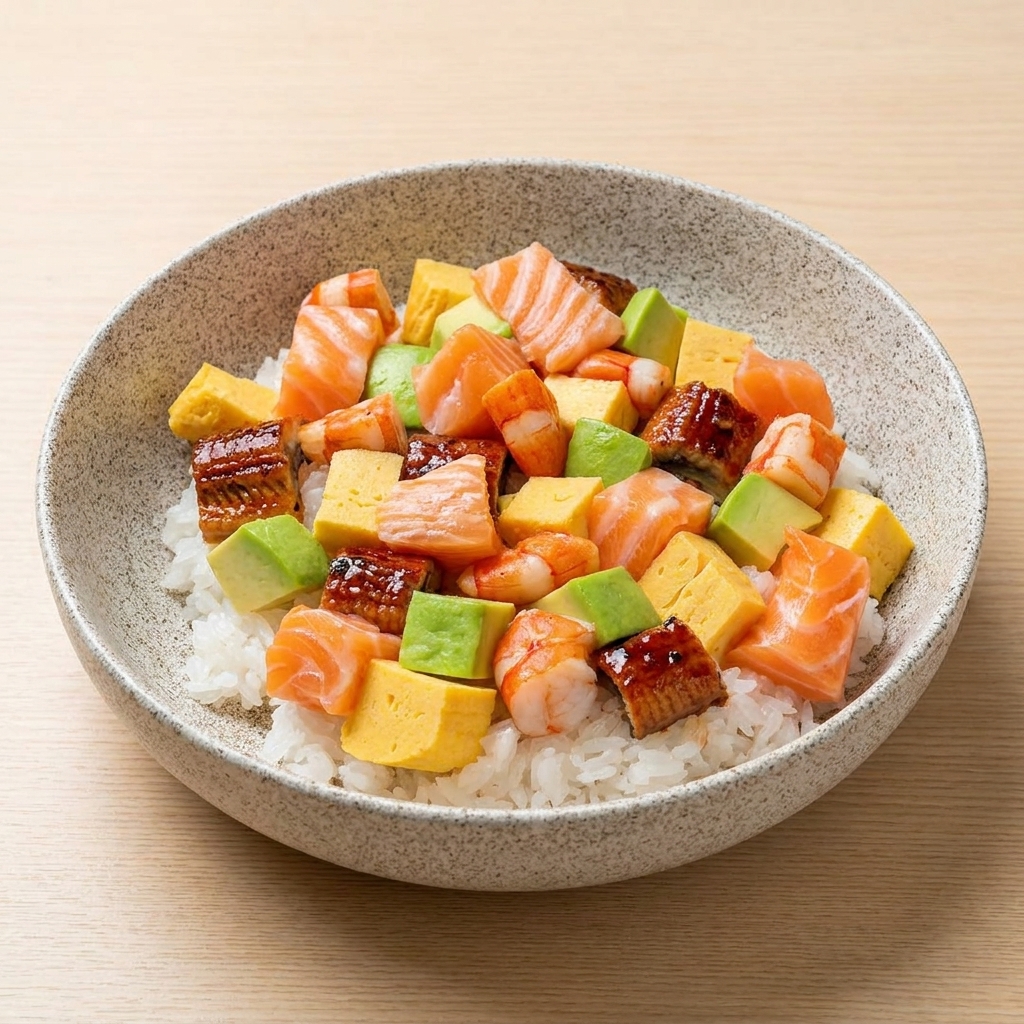 Un cuenco moteado de chirashi sushi cubierto con una mezcla colorida de salmón crudo en cubos, tamagoyaki, aguacate, anguila a la parrilla y camarones cocidos.