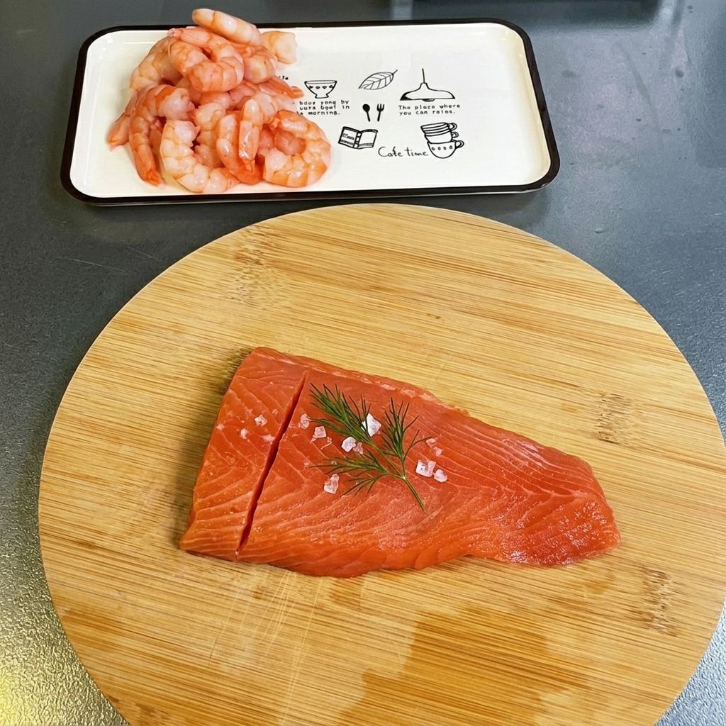 Filete de salmón fresco siendo cortado en cubos pequeños y uniformes sobre una tabla de madera.