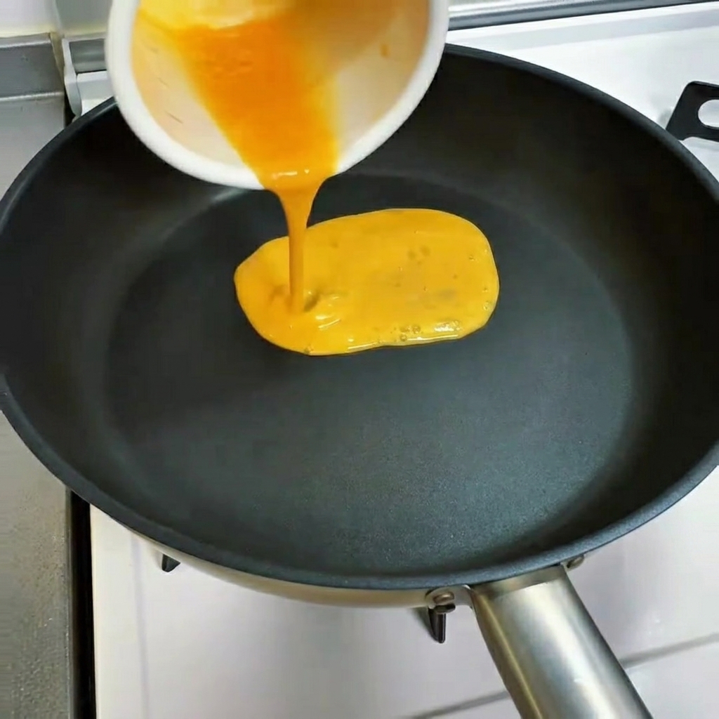 Huevo batido vertiéndose en una sartén antiadherente caliente para comenzar la tortilla.