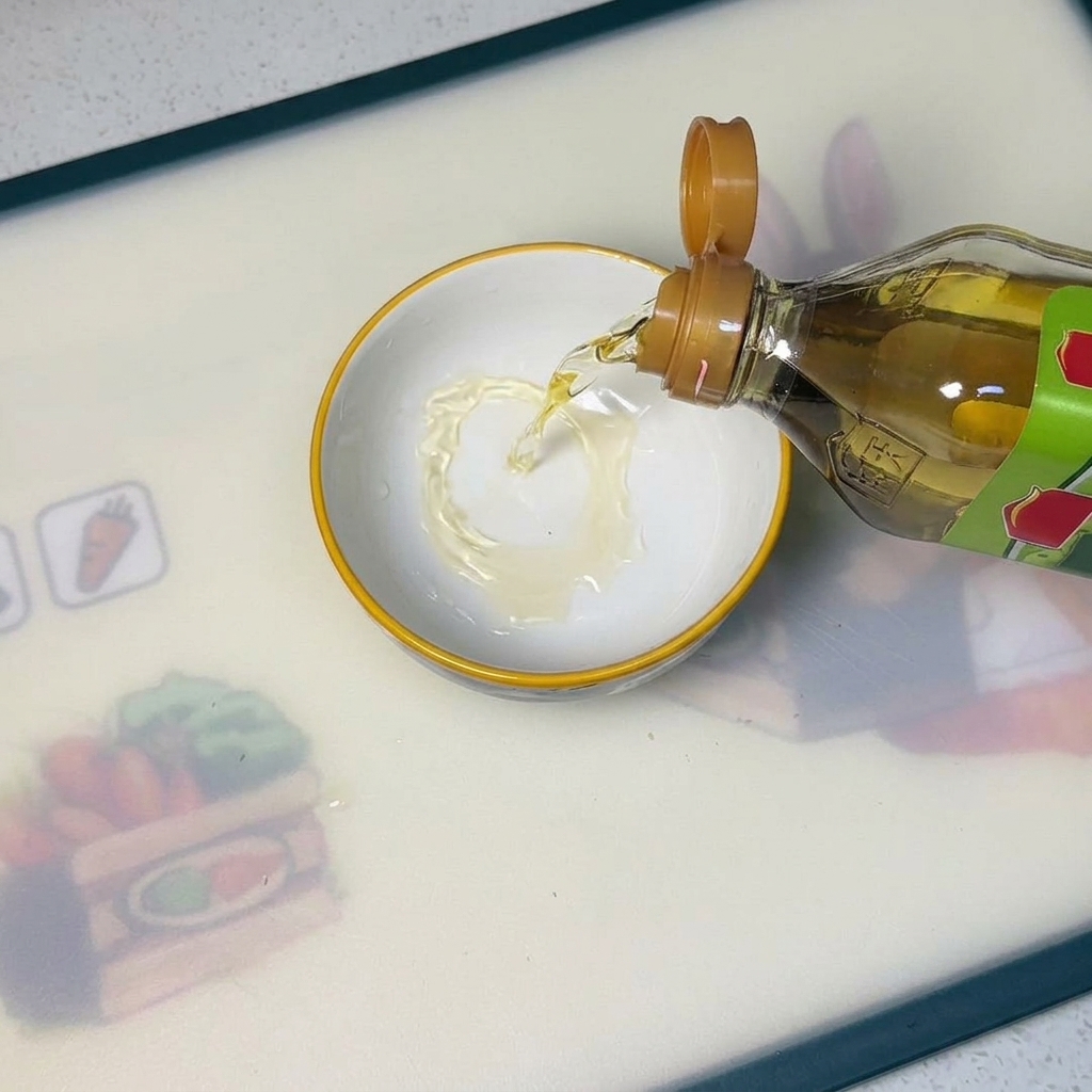 Vinagre de manzana vertiéndose de una botella de cristal a un pequeño bol blanco, con azúcar y sal en el fondo, listo para mezclar.