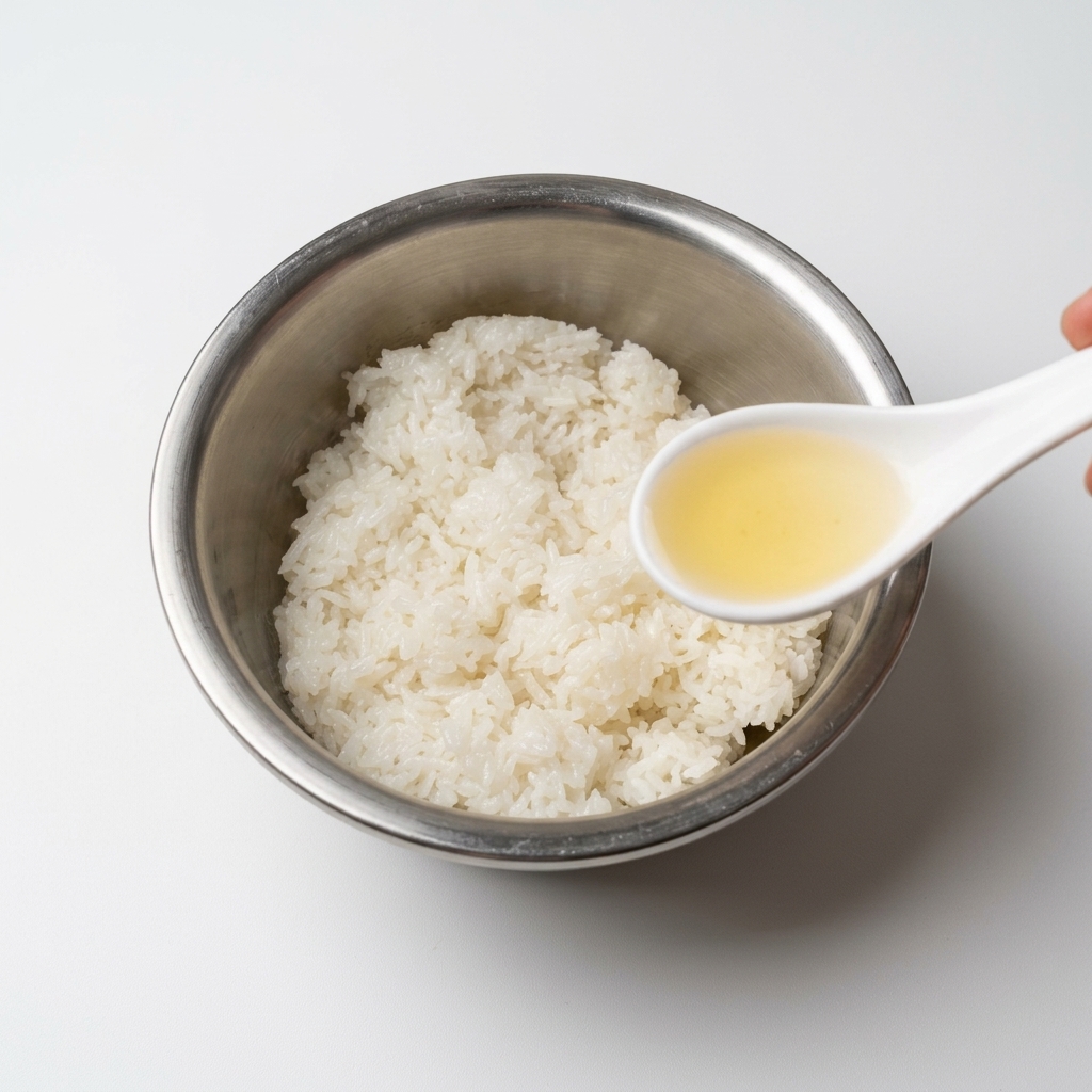 Un bol de metal con arroz blanco cocido, mientras una cuchara vierte el vinagre aderezado y se aplica un ligero spray de aceite de maíz.