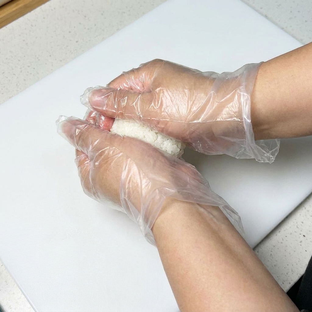 Manos con guantes de plástico dando forma a pequeñas porciones de arroz sazonado para crear bases ovaladas de sushi sobre una superficie blanca.