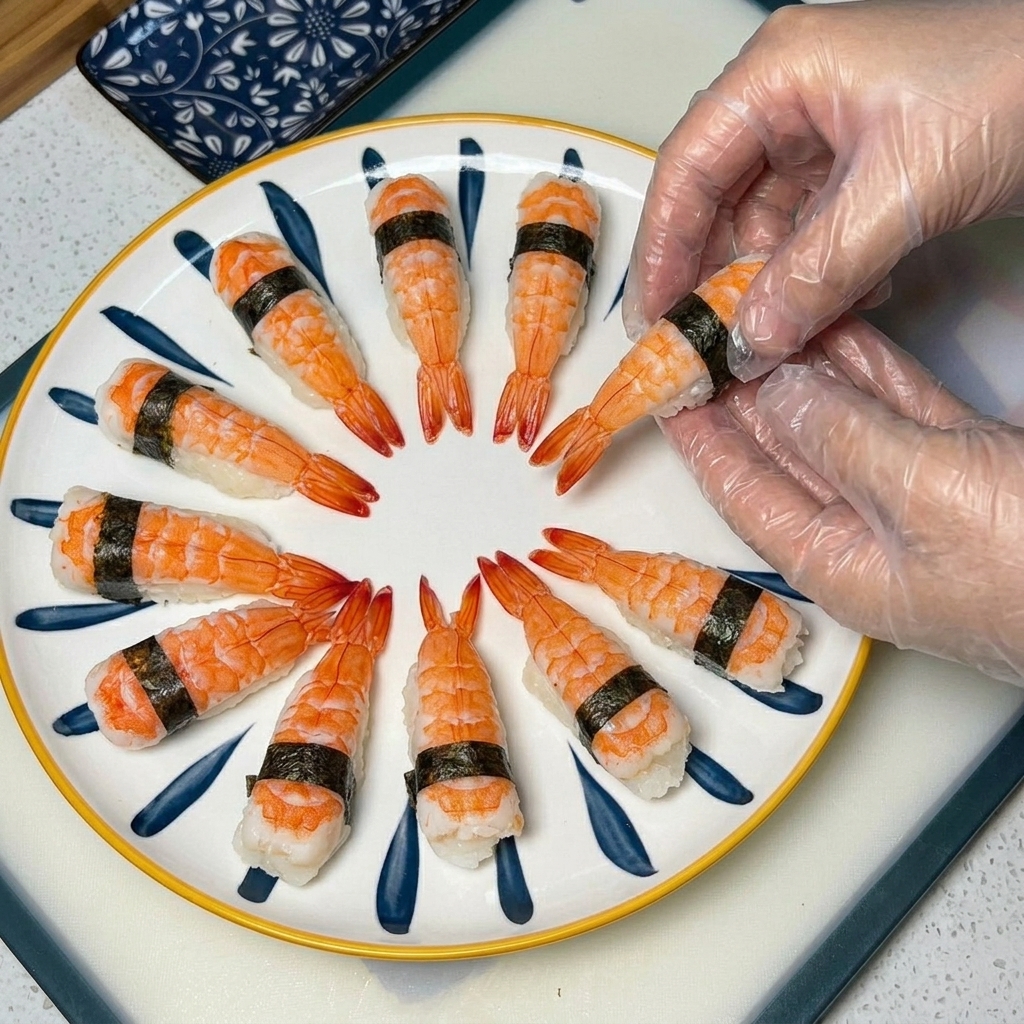 Una pieza de sushi de langostino siendo envuelta por el centro con una fina tira de alga oscura, uniendo firmemente el arroz y el marisco.