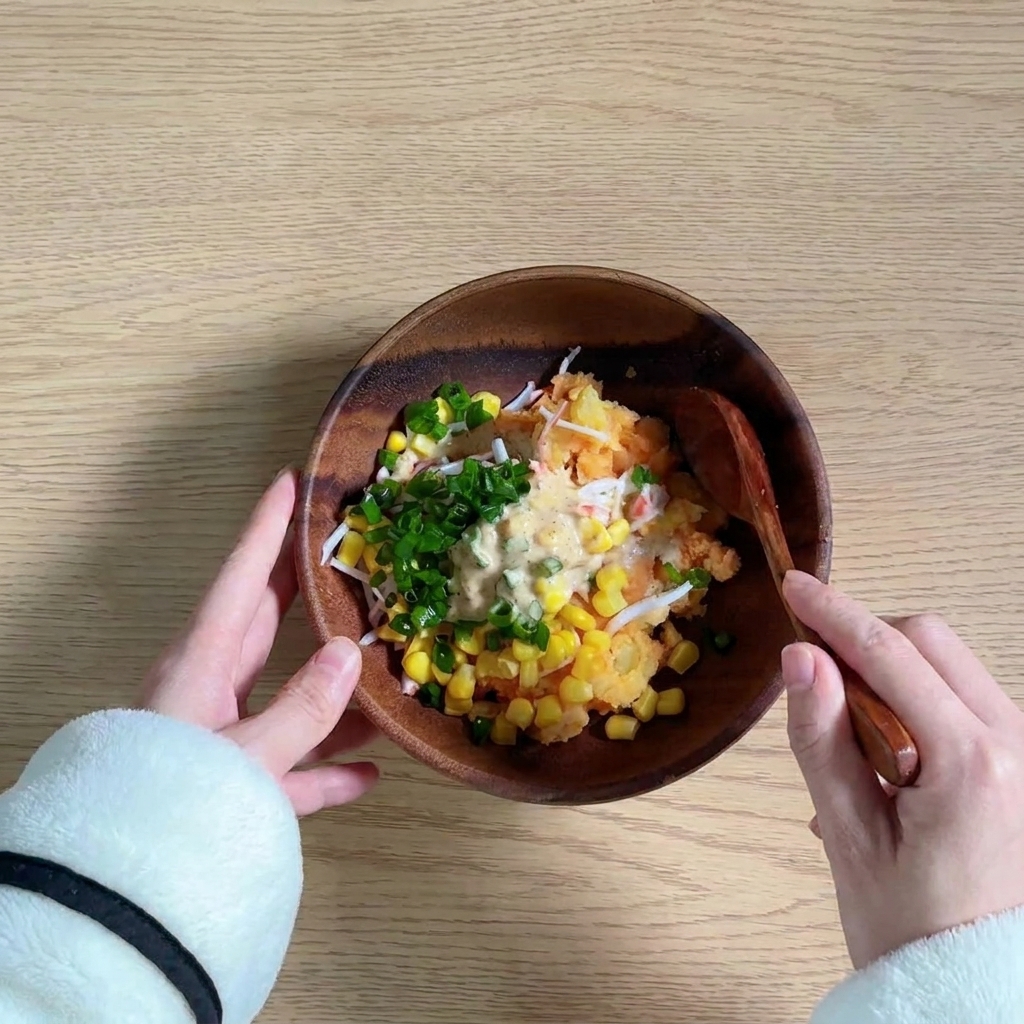 Puré de papas combinado con palitos de cangrejo, maíz y verduras en un tazón para mezclar.