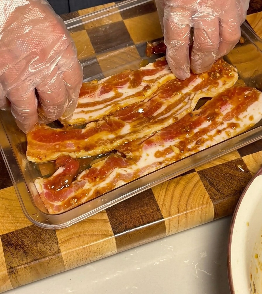 Panceta de cerdo marinada cuidadosamente empacada en un recipiente de vidrio, cubierta con la salsa sabrosa.