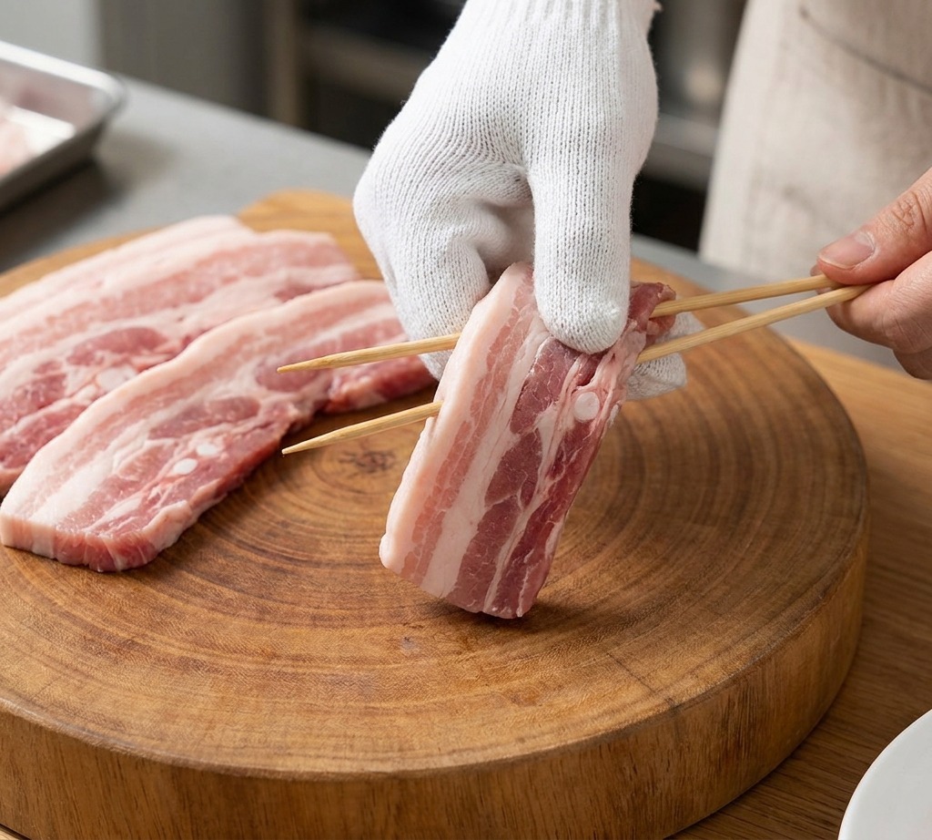 Rebanadas de panceta cruda siendo ensartadas en palitos de madera por una mano usando un guante blanco.