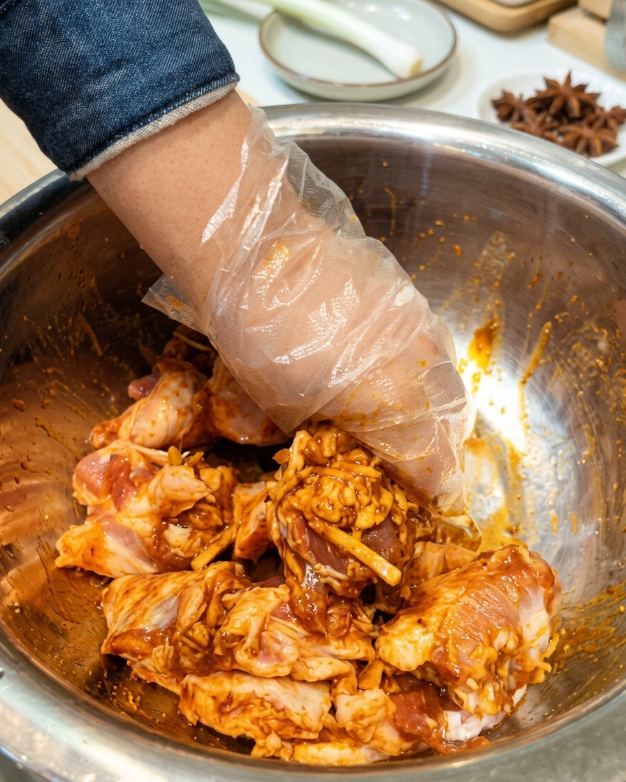 Una mano con guante mezclando rebanadas de panceta de cerdo cruda con los ingredientes del marinado dentro de un tazón.