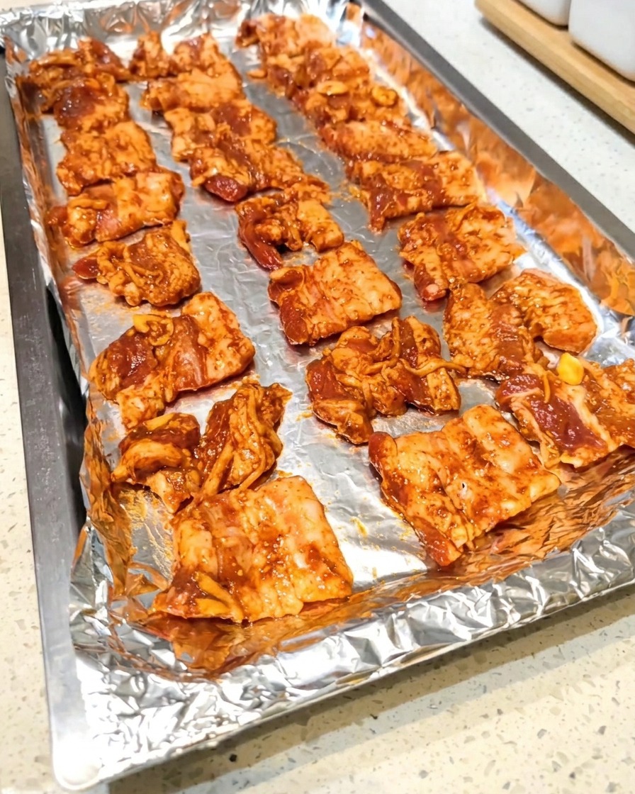 Rebanadas de panceta de cerdo cruda marinada dispuestas ordenadamente en filas sobre una bandeja de horno forrada con aluminio.