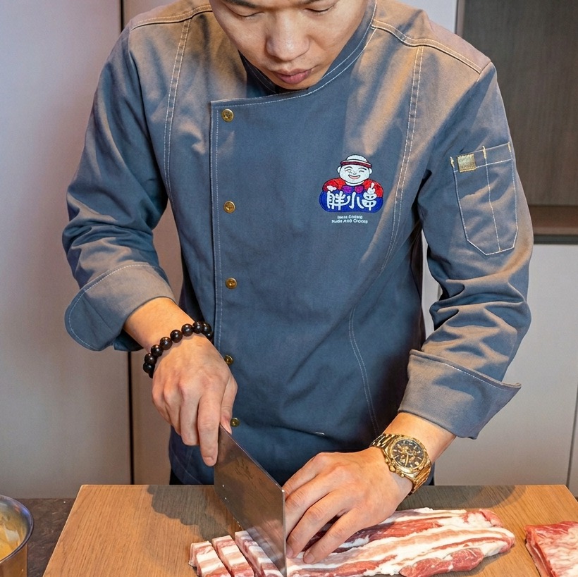 Chef cortando carne de panceta de cerdo cruda en trozos uniformes del tamaño de un bocado sobre una tabla de cortar de madera.