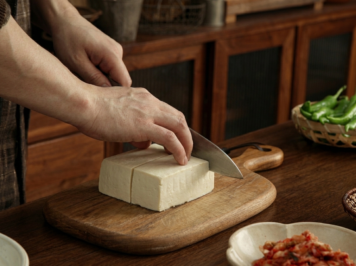 Rebanadas gruesas de tofu suave blanco preparadas sobre una tabla de cortar de madera.