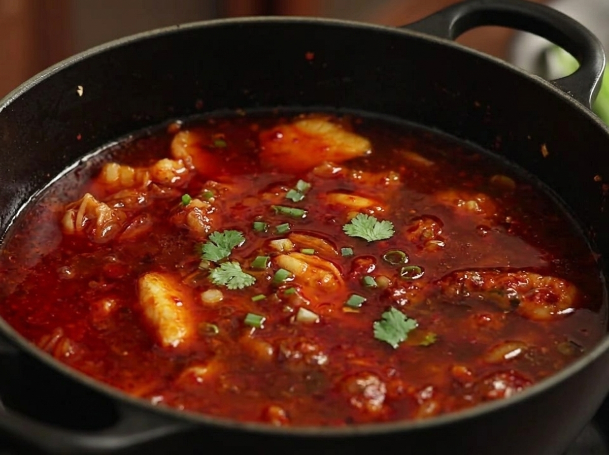 Trozos de panceta dorándose en una olla de hierro fundido, soltando su grasa sabrosa.