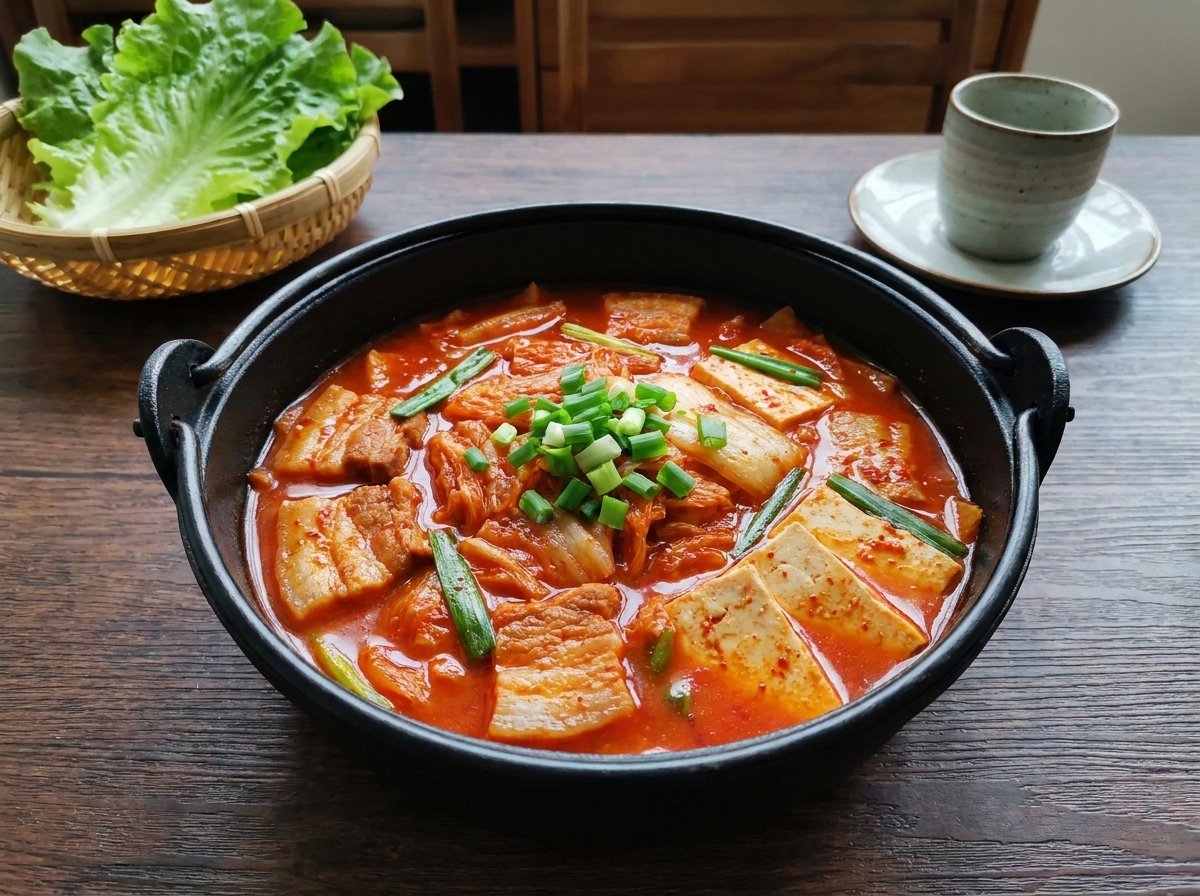 Kimchi coreano, pasta de chile y chile en polvo siendo añadidos a la olla.