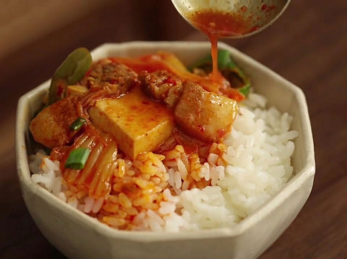 La mezcla de cerdo, vegetales y kimchi siendo salteada en la olla.