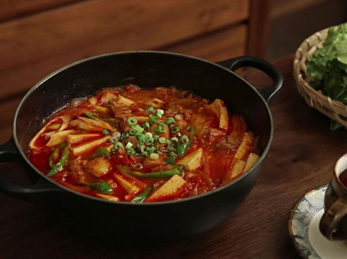 Cebollas verdes picadas siendo espolvoreadas sobre el estofado de kimchi y cerdo terminado.