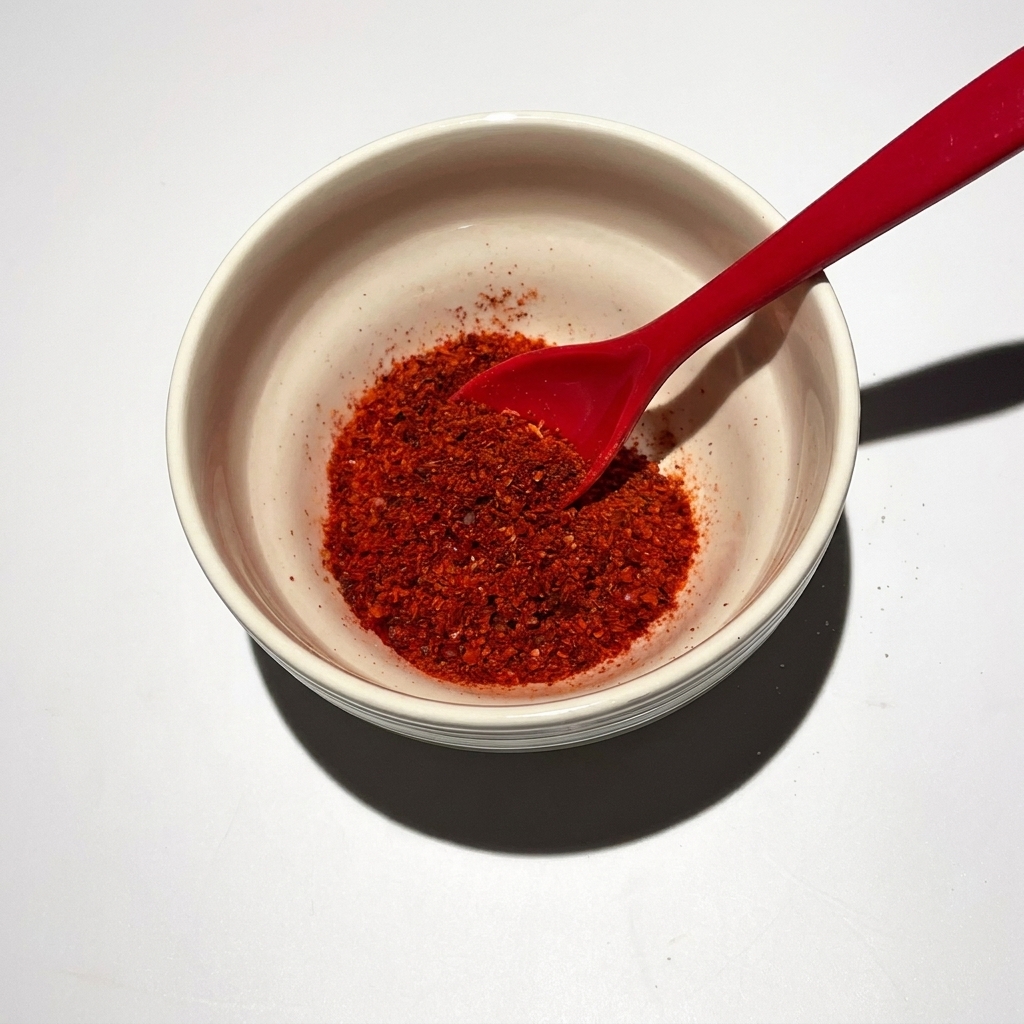 Primer plano de una cuchara añadiendo chile en polvo y otros condimentos en un cuenco para la salsa base.
