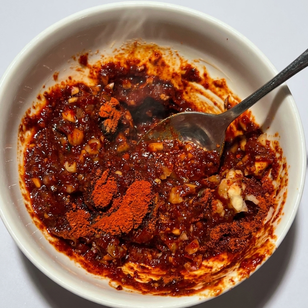 Una cuchara de metal mezclando una salsa roja espesa y vibrante dentro de un cuenco de cerámica blanco.