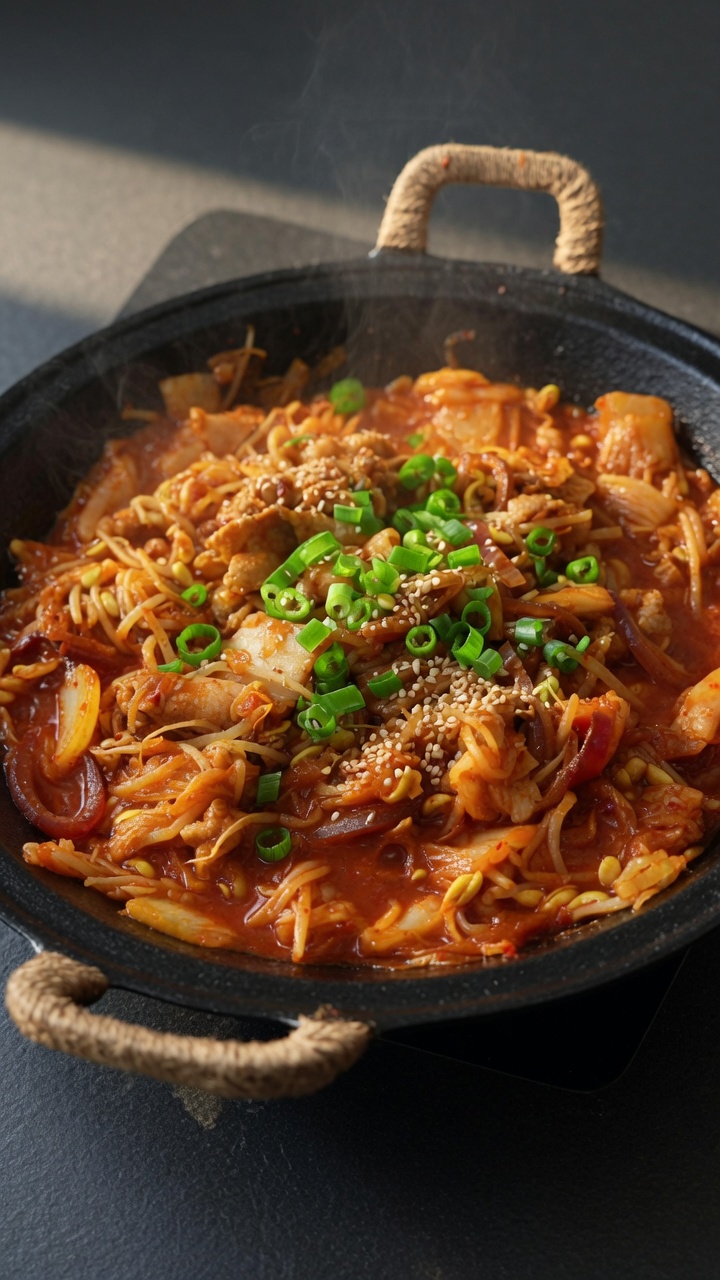 Salteado coreano picante de panceta de cerdo con kimchi