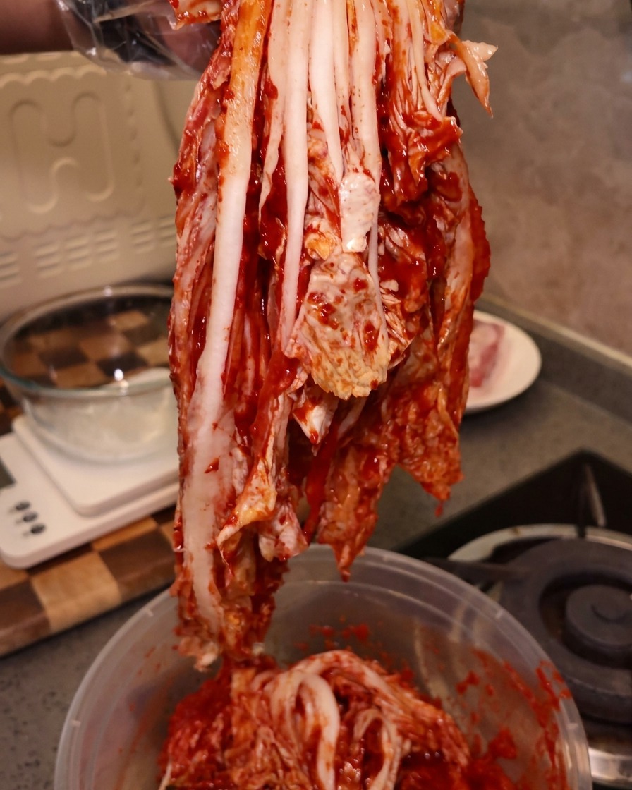 Un trozo grande de kimchi rojo ácido y entero siendo sostenido por una mano enguantada.